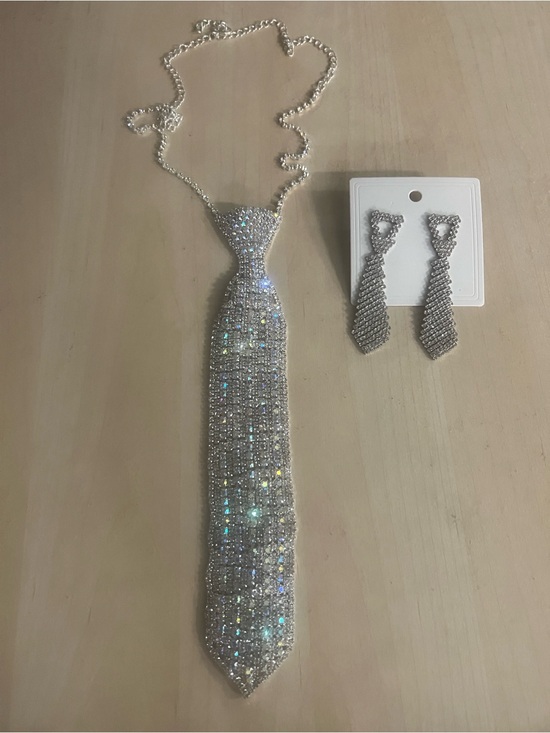 Jewelry - Sparkling Silver Crystal Tie Necklace & Earrings Set